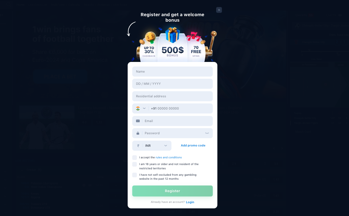 1win India Account Sign Up Page